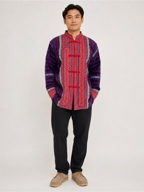 HANDMADE art to wear Asian style unisex embroidered shirt L /XL ??